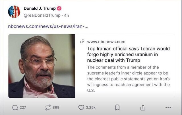 بازنشر مصاحبه مشاور رهبری در تروث سوشیال ترامپ؛ شمخانی چه گفت؟